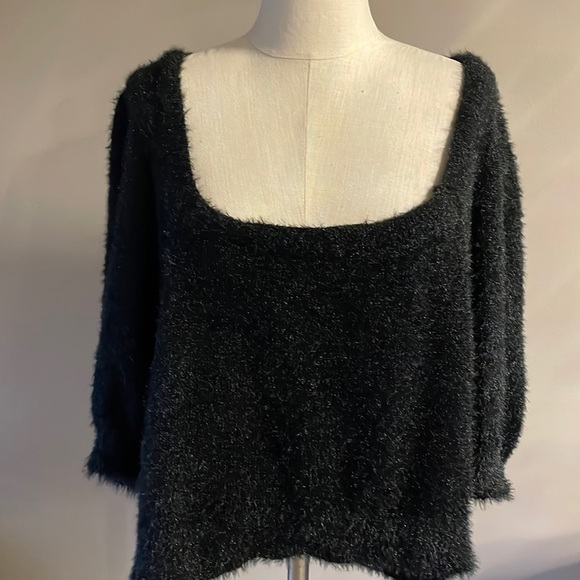 NWT ASOS women’s curve square neck FLUFFY sweater short sleeve ribbed blk 20 - Picture 3 of 14